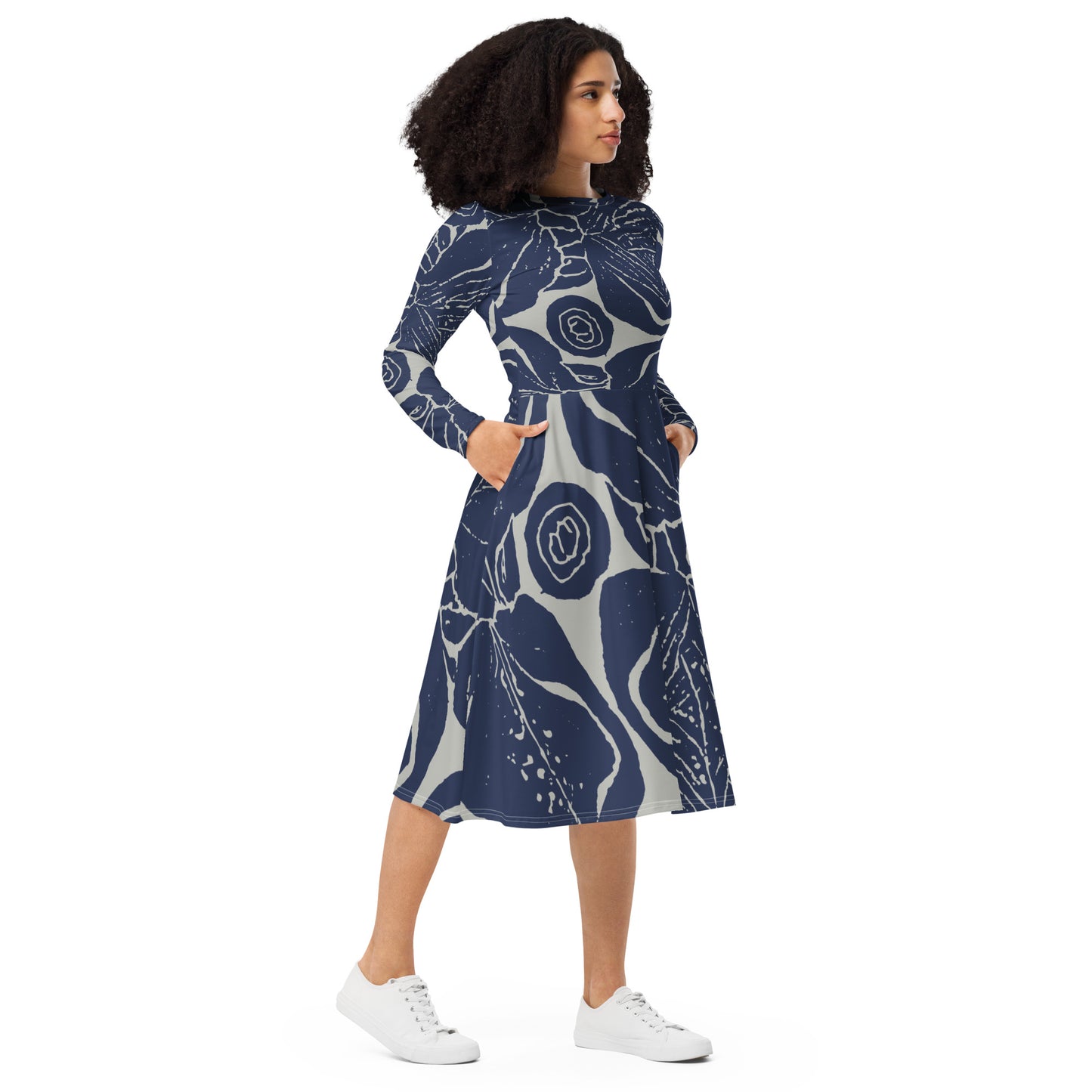 Blue White Longsleeve Midi Dress